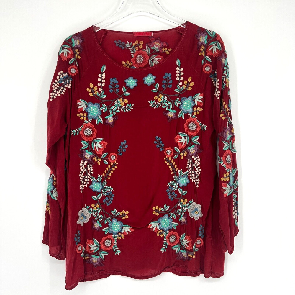 Johnny‎ Was Top Women S Red Embroidered Floral Boho Hippie Peasant Western